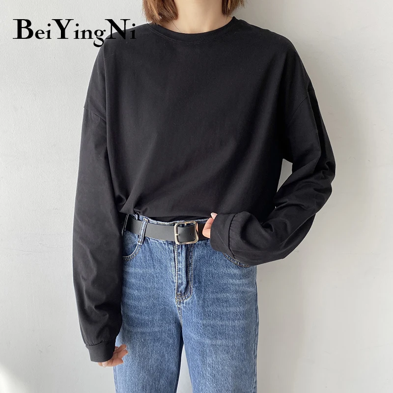 Beiyingni Harajuku Topy Žena Nadrozmerné T Shirt kórejský Vintage Farbou Dlhý Rukáv T-shirt Ženy Obyčajný Čaj Košele Oblečenie