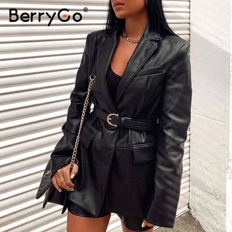 BerryGo Black Faux Kožené Sako Singel svojim klope vrecko dlhý rukáv kožené High street módy, zimný kabát 2020 nové
