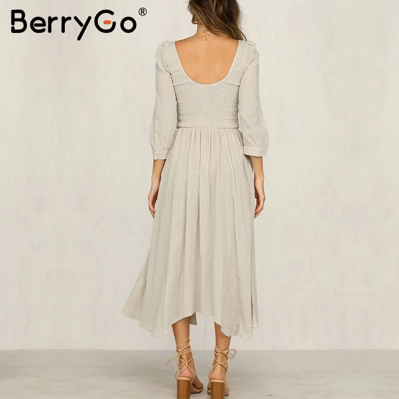 BerryGo Sexy o-krk dlhý party šaty Singel svojim tri štvrtiny rukáv bavlnené šaty Bežné streetwear pracovné oblečenie kancelárske šaty
