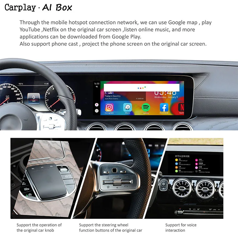 Bezdrôtové pripojenie autorádia Carplay s 4+32 G android auto podpora telefón cast Media Box Na Mercedes Benz Carplay Ai Box