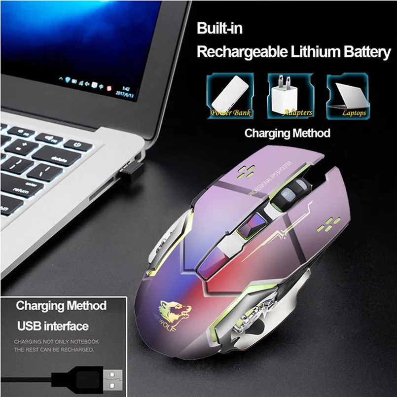 Bezdrôtový Herný Mouse2400DPI Nabíjateľná Bezdrôtový Tichý LED Podsvietený USB Optická Ergonomic Gaming Mouse na PC Notebook 3B28