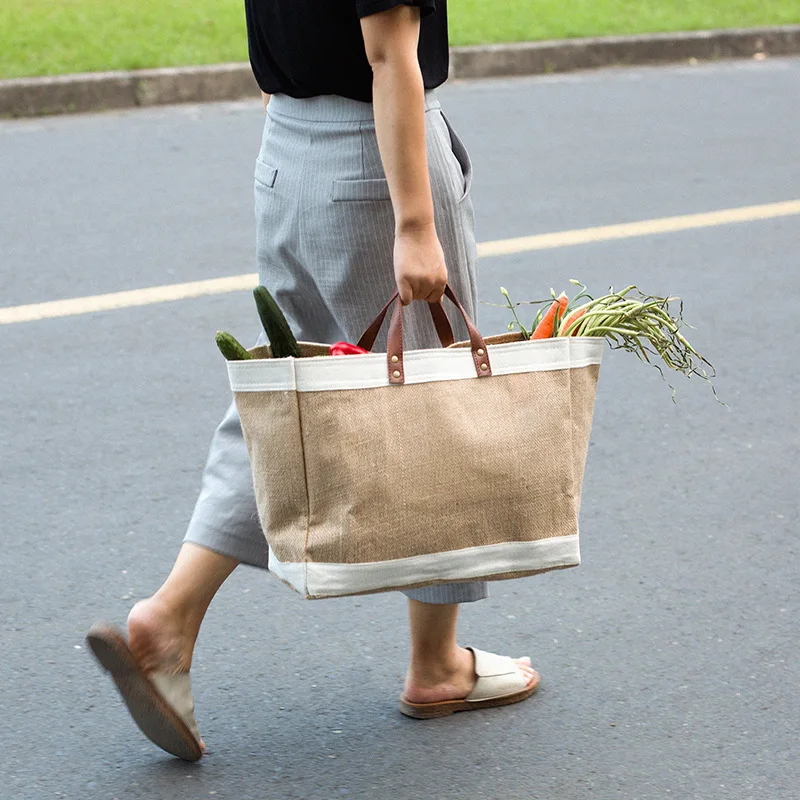 Bežné bielizeň taška veľká kapacita nákupní taška jednoduché tote bag ženské ruky taška prenosná žena cestovať kabelky juty vlákniny tašky