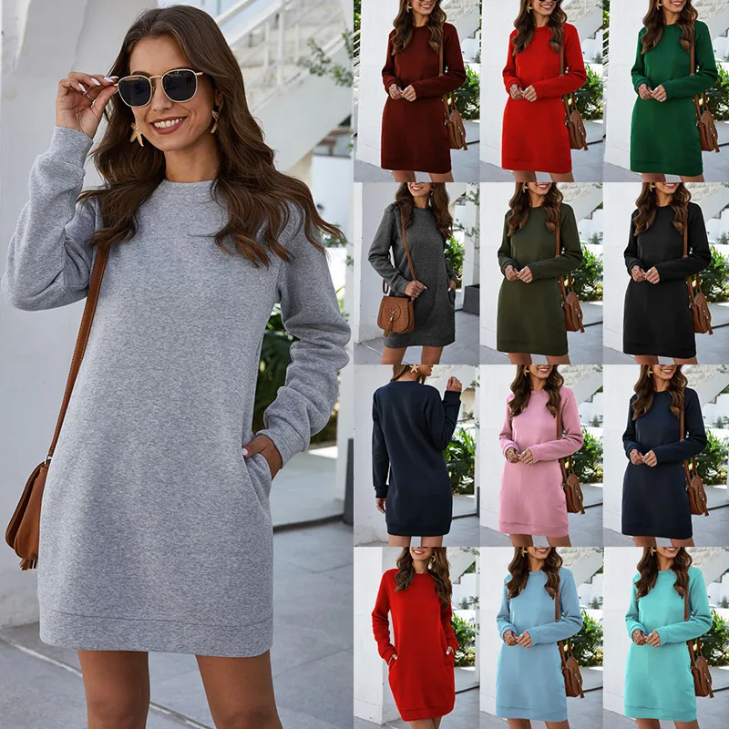 Bežné Jeseň/zima O-krku Dlhé rukávy Mikiny Šaty Žien 2020 Nové Módne Farbou Voľné Vrecku Mini Šaty Ženy
