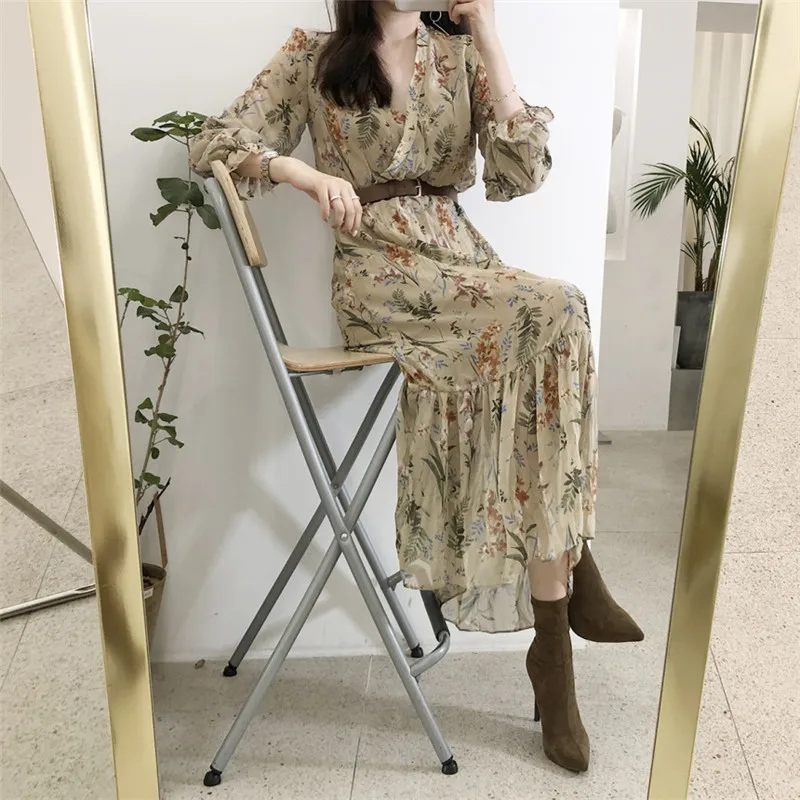 BGTEEVER Elegantného tvaru Kvetinový Vytlačené Ženy Šaty, Závoje Rukáv A-line Žena Šifón Šaty 2019 Vintage Ženy Midi Vestidos