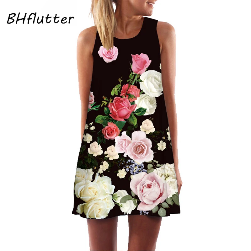 BHflutter Mini Kvetinové Šaty Letné Oblečenie pre Ženy 2019 Módne bez Rukávov Bežné Šifón Šaty, Sexy Boho Plážové Šaty Vestidos