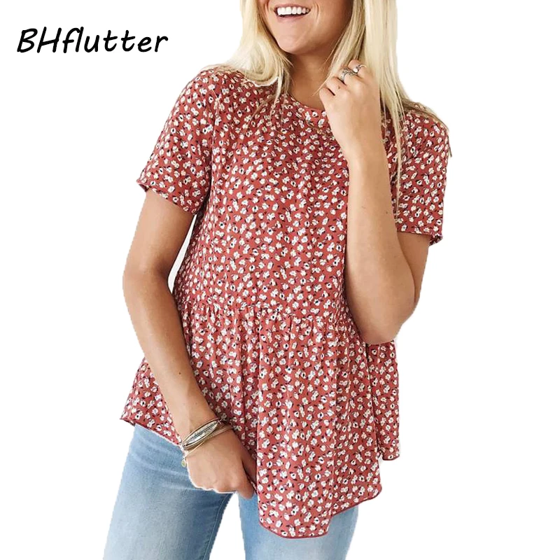 BHflutter Ženy tričko 2019 Nový Príchod Kvetinový Tlač Krátkym Rukávom Letné Topy Skladaný Harajuku Bežné Tshirts Camiseta mujer