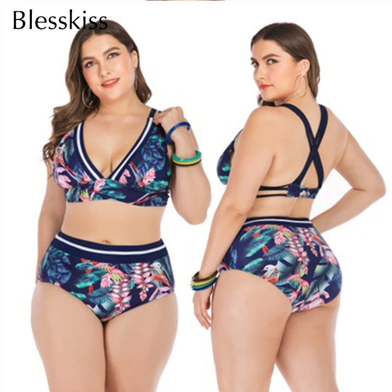 Blesskiss 4XL Plus Veľkosť Vysoký Pás Bikini 2021 Ženy Plavky Veľké Tlačené plavky s uväzovaním za Plávanie Oblek Pre Ženy Plávať