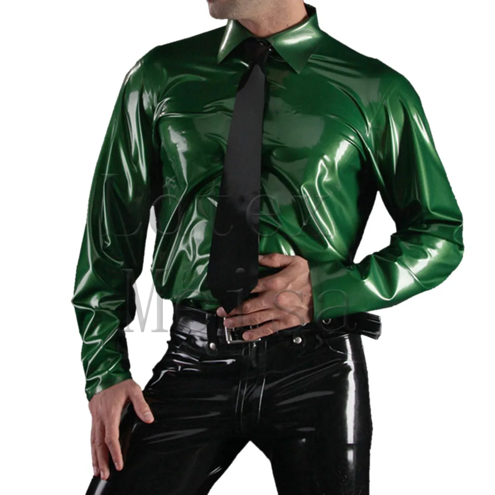 Bling metalíza zelená latex top mužov latex tričko s dlhým rukávom so handmade