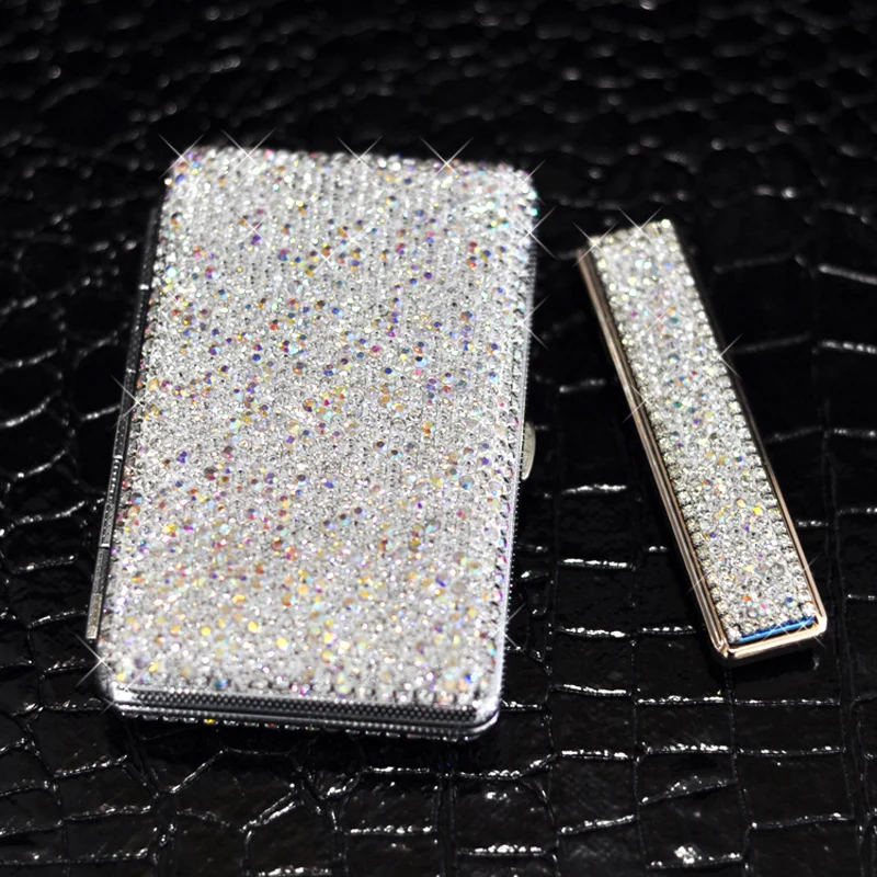 Bling Prenosné Kryštál Diamantu Cigariet Prípade Box Ľahšie Pre 14 Ks Držiak na Cigarety Slim USB Plnenie Zapaľovačov Ženy, Dievčatá