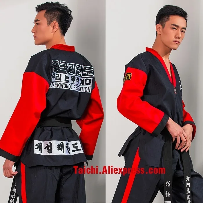 Bojové Umenie TKD Tae Kwon Robiť Kórea tvaru Dospelých Taekwondo Dobok pre Poomsae a Školení,WTF Jednotné,160-190 cm čierna+červená
