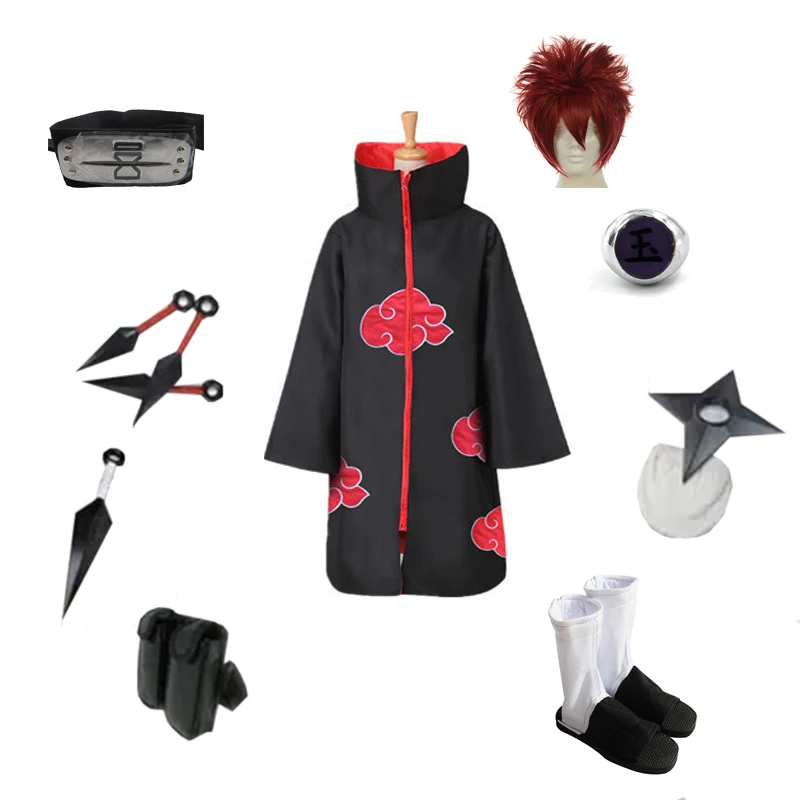 Brdwn NARUTO Unisex Piesku Akatsuki Sasori Cosplay Kostým Celý set( Red Cloud Plášť+Čelenka+Topánky+Krúžok+Kunai+taška+shuriken)