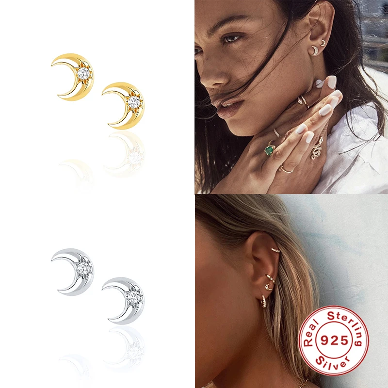 CANNER Reálne 925 Sterling Silver Stud Náušnice Pre Ženy Mini Mesiac Diamond Zirkón Piercing, Náušnice Earings Šperky Pendientes