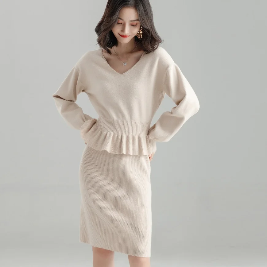 CBAFU jeseň zima ženy pletené vyhovovali dlhý rukáv sveter pulóvre pletené šaty nastaviť elastické oblečenie pletenie 2 dielna sada P505