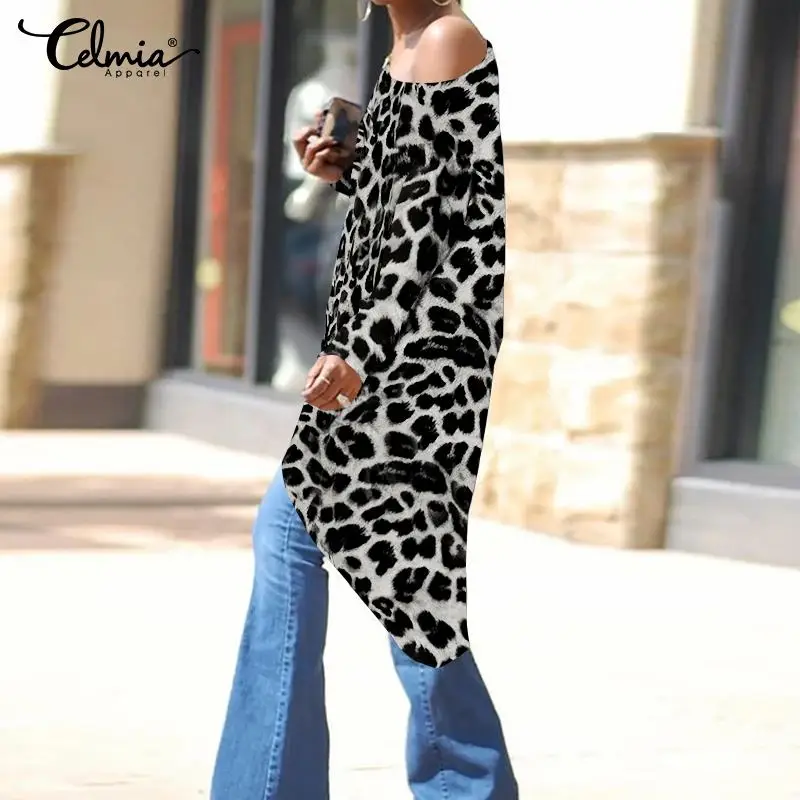 Celmia 2021 Módne Asymetrické Topy Sexy Leopard Tlač Ženy Blúzky Dámske Mimo Ramenný Bežné Dlhé Košele Plus Veľkosť Blusas