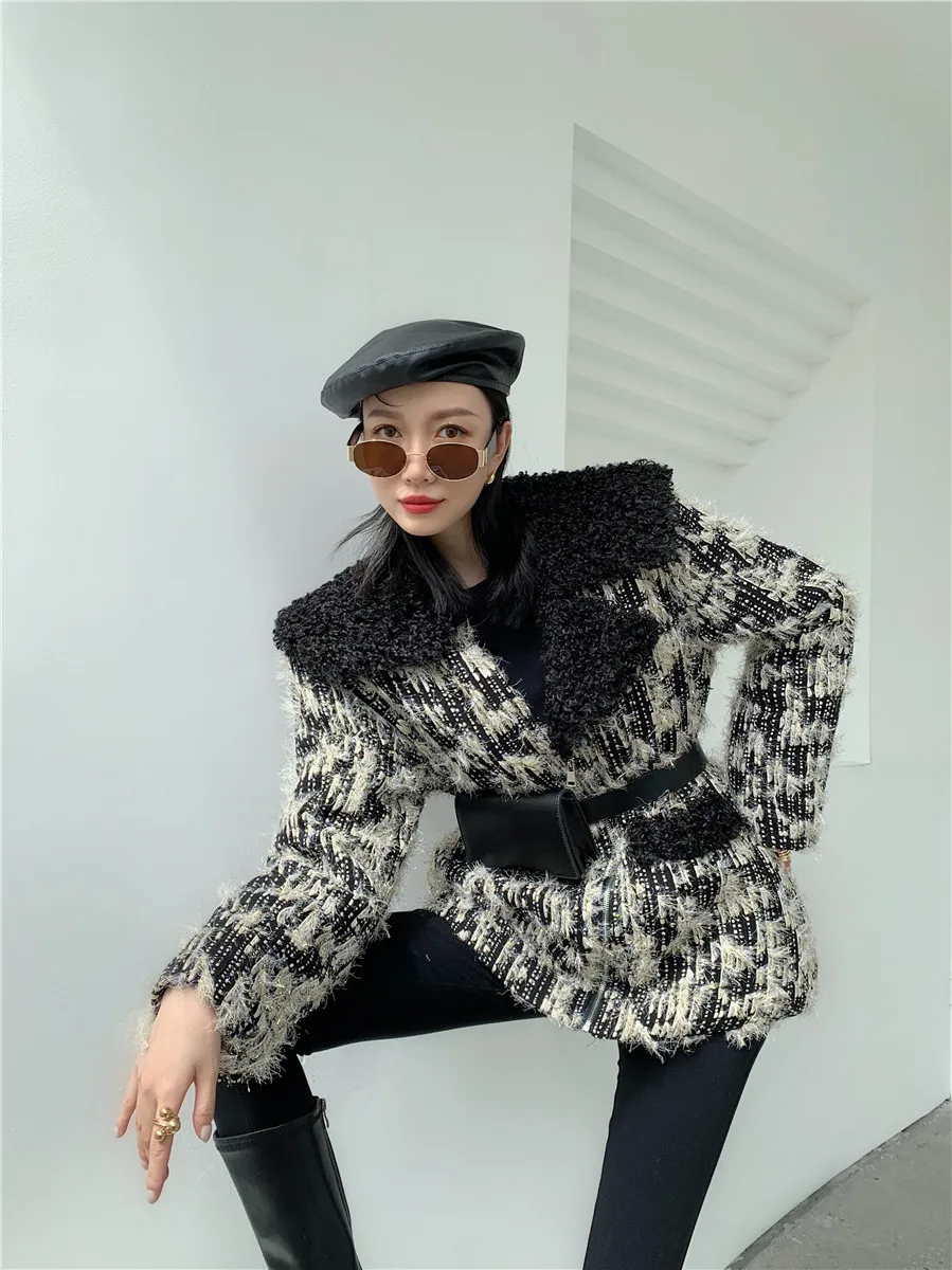 CHEERART Dizajnér Zimné Móda Tweed Bunda Teplé Kožušiny Golier Hrubé Vlny Kabát Ženy Dámy kórejský Štýl vrchné oblečenie 2020