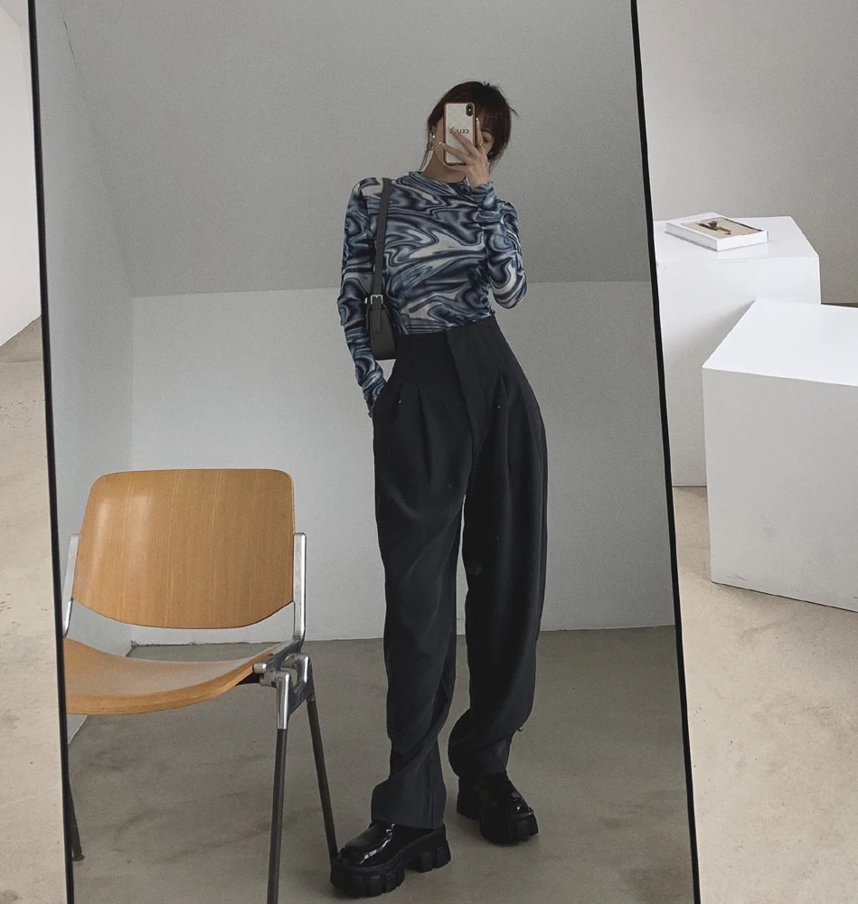 CHEERART Tmavo Sivá Vysoký Pás Hárem Nohavice Ženy Oblek Nohavice Skladaný Voľné Nohavice kórejský 2020 Módne Spodné Oblečenie