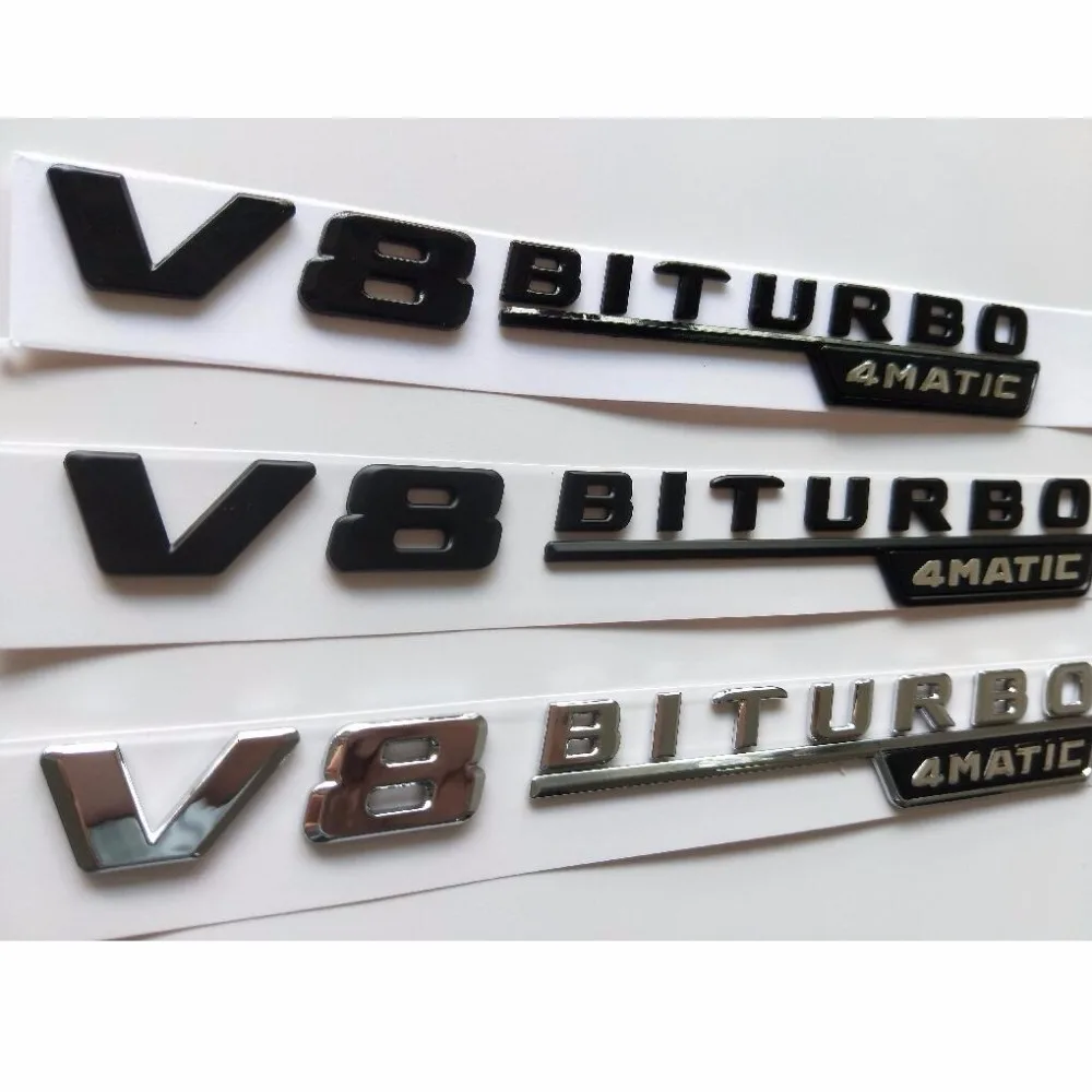Chróm Matný Lesk Black Listov V8 BITURBO 4MATIC Blatník Znak Emblémy Odznaky pre Mercedes Benz AMG W205 W212 W213 W222 X253