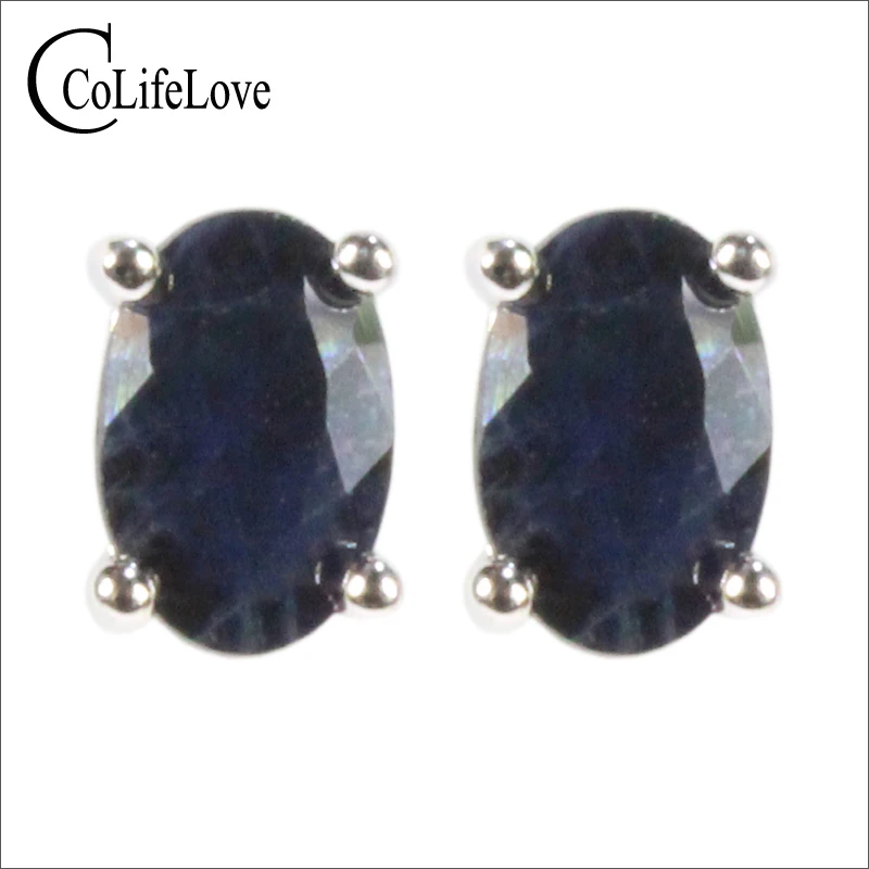 CoLife Šperky Black Sapphire Náušnice pre Office Žena 4*6mm Prírodné Black Sapphire Stud Náušnice 925 Silver Sapphire Šperky