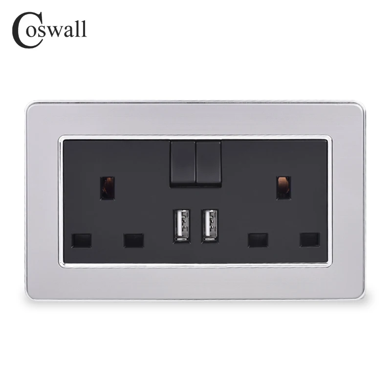 COSWALL 2 Gang 13A UK Štandard Prešiel Zásuvky dual USB Nabíjanie Port Výstup 2.1 Sieťovej Zásuvky Nehrdzavejúcej Ocele Kartáčovaný Panel