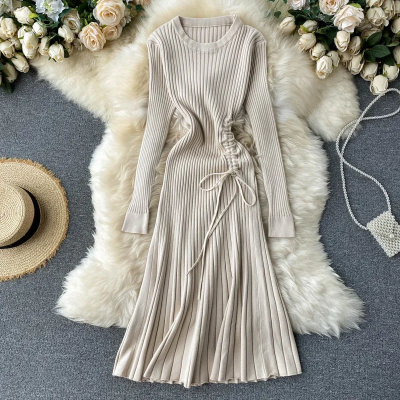 Croysier Šaty Pre Ženy 2020 Dlhý Rukáv Pletený Rebrovaný Zimné Šaty Šnúrkou Elegantné Midi Šaty Bežné Teplý Sveter Šaty