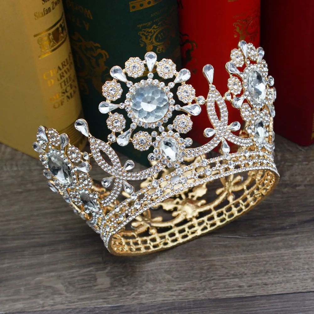 Crystal Zlatá Kráľovná Kráľ Koruny Nevesta Headpiece Ženy, Svadobné Svadobné Tiara Prom Diadem Vlasy Oranments Hlavu Príslušenstvo Šperky