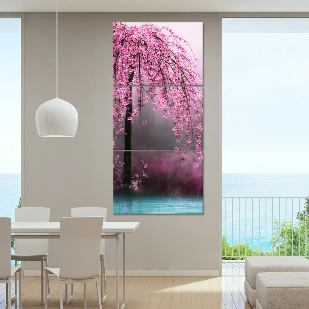 Cuadros Decoracion Triptic Vertikálne Cherry Blossom Plátno Tlačiť Modulárny Obrázok, Plagát, Kvetinové Steny V Obývacej Izbe Panel