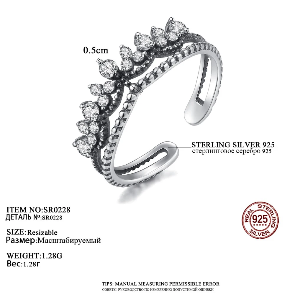 CZCITY 925 Sterling Silver Módne Vintage Koruny Zirkón Otvoriť Prstene pre Ženy Nastaviteľné Retro Bohemia Krúžky Vyhlásenie Šperky