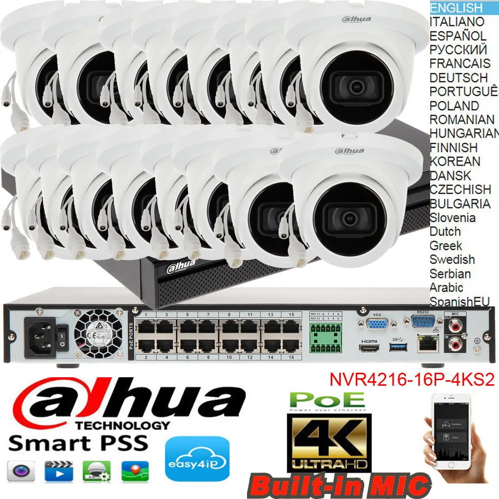 Dahua mutil jazyk 4K H. 265 NVR4216-16P-4KS2 16ch POE IP Kamera súpravy s IPC-HDW2431T-AKO audio System Security Kamera auta