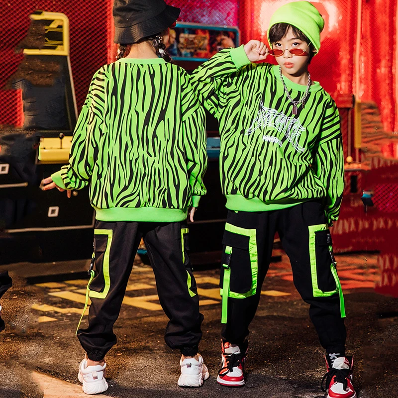 Deti Street Dance Hip Hop Oblečenie, Kostýmy Chlapci Zelená Mikina Voľné Hip Hop Oblek Dievčatá Fáze Show Ballroom Dance Nosenie VDB2997