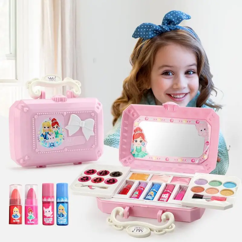 Detská Kozmetika Princezná barbie make-up Box Set Bezpečné, netoxické Dievča make-up Kit Box Eyeshadow Rúž Paletu Krása Hračky TSLM1
