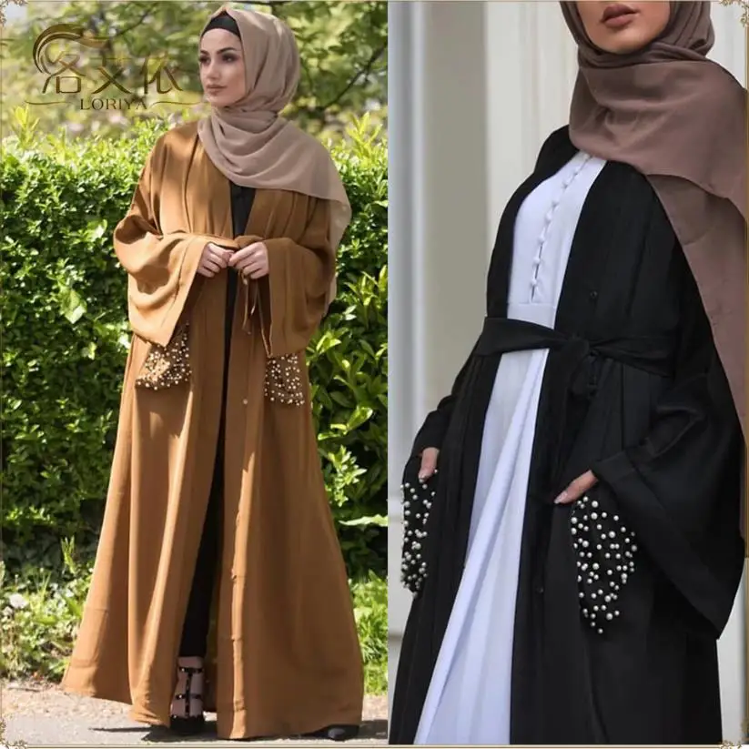 Diamond lištovanie vrecká výšivky moslimských abaya žena plnej dĺžke modlitba otvára kimono islamskej cardigan rúchu s pásom F1501