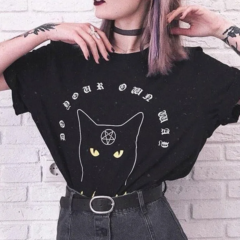 Dievčatá Gotický Pentagram Symbol Vzor Mačka List Vytlačiť T-shirt Harajuku Bežné Tumblr Žena Topy Tee Lete Ženy Tričká