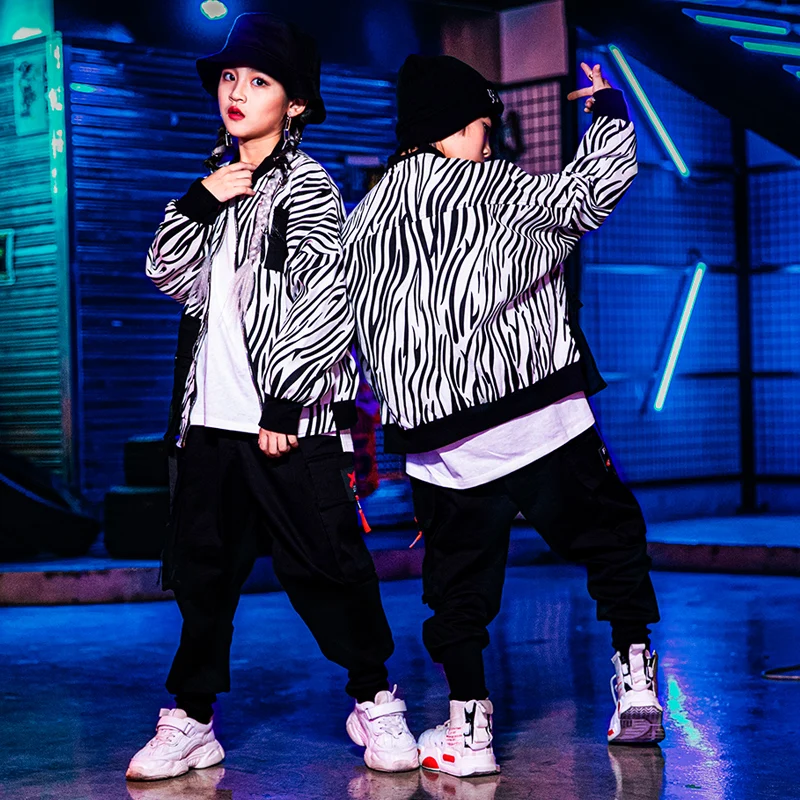 Dievčatá Jazz Tanečné Kostýmy Zebra Bunda Voľné Čierne Nohavice Sála Hip Hop Tanečné Oblečenie pre Chlapcov Street Dance Stage Oblečenie DN6942