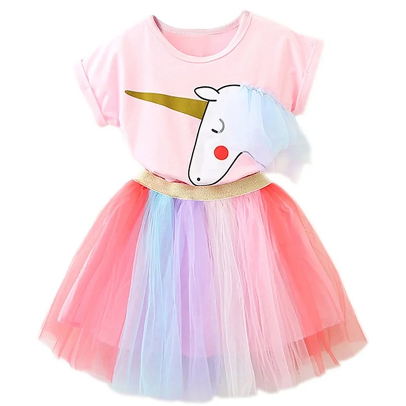Dievčatá Oblečenie Sady Letné Módy Jednorožec Vytlačené T-Shirts+Rainbow, Šaty, Oblečenie Princeznej Deti Šaty Pre Dievčatá Oblečenie