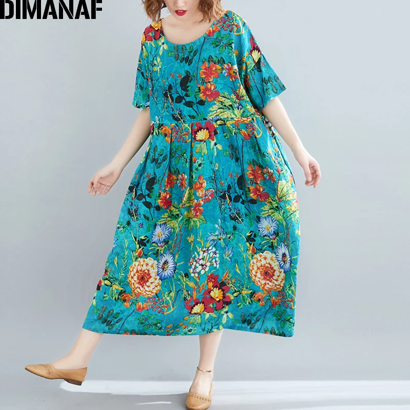 DIMANAF Plus Veľkosť Ženy Plážové Šaty Letné Sundress Bavlna Žena Vestidos Lady Dlhé Šaty Tlač na Kvetinový Voľné Veľká Veľkosť 5XL 6XL
