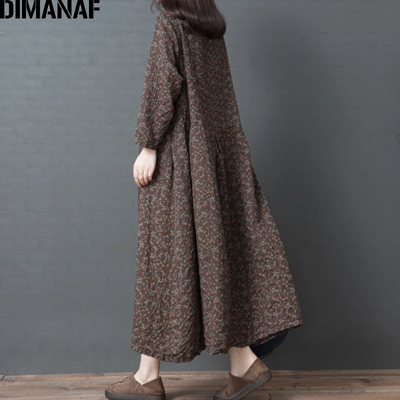 DIMANAF Plus Veľkosť Ženy Šaty Vintage Bavlnená posteľná Bielizeň Jeseň Voľné Žena Vestidos Tlač na Kvetinový Tlačidlo Lady Šaty Oblečenie 2021 Nové
