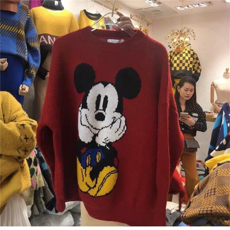 Disney Karikatúry Pulóver s Dlhým Rukávom Mickey Mouse Pletenie s Kapucňou Mikiny Žena Voľné Bežné Topy dámske Harajuku Outwear