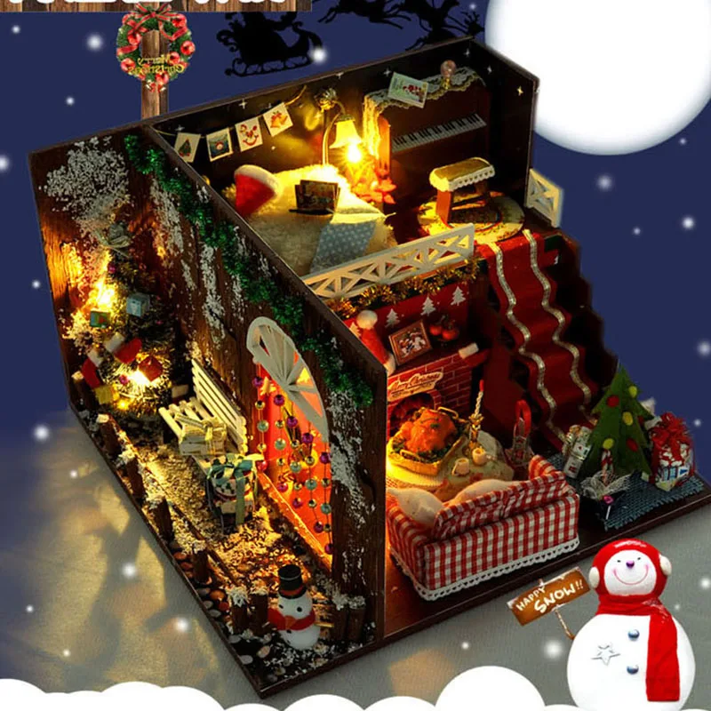 DIY domček pre bábiky Vianočné Miniatúrne Auta Realistické Mini 3D Drevený Dom Izba Plavidlá Puzzle Nábytok LED Svetlá Hudby Detí PUZ