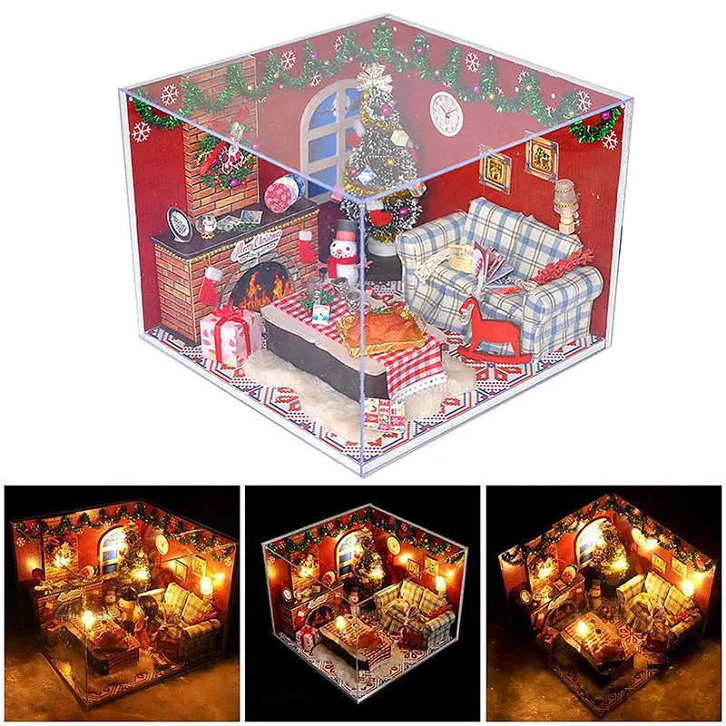 DIY Drevené Miniatúrny domček pre bábiky Vianočné Nábytok, Hračky Miniatura Puzzle Model Ručné domček pre bábiky Narodeniny Darček Pre Deti
