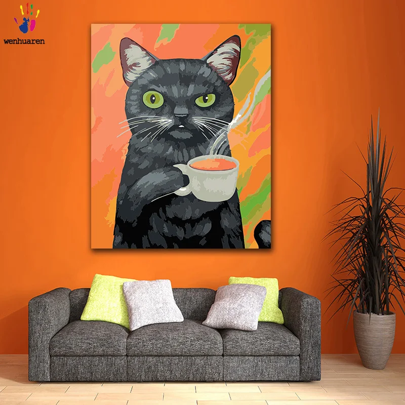 DIY Farebnosť farba čísla Čierna mačka, relaxačné s kávou obrázok obrazy od čísla s súpravy 40x50 rámovanie