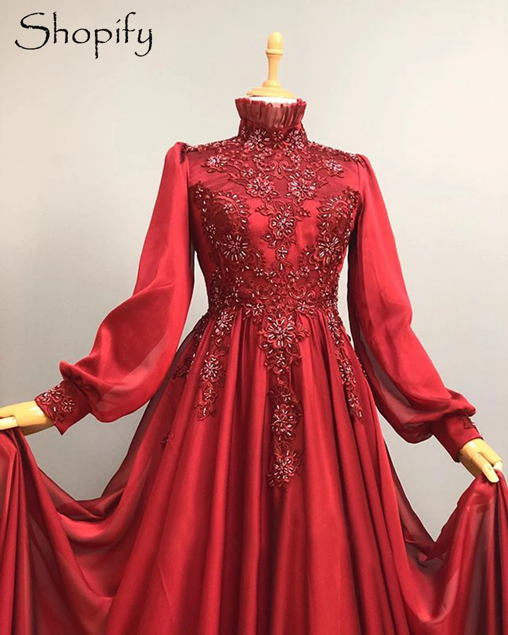 Dlhé Elegantné Večerné Šaty 2020 Vysoká Krku Libanon Dizajn Moslimských Dlhý Rukáv Dubaj Ženy Červená Šifón Korálkové Formálne Večerné Šaty