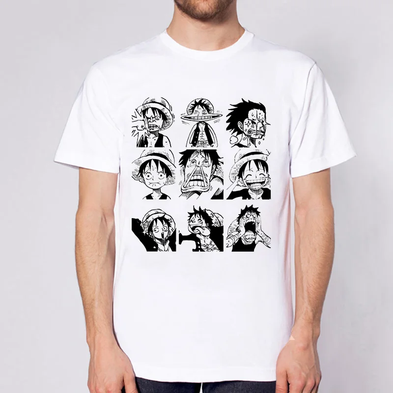 Dlrn Jeden Kus pánske T-shirts Lete Krátky Rukáv Bežné Biele Tričko Opice·D·Luff Japonské Anime Vytlačený Obrázok Tees Muž