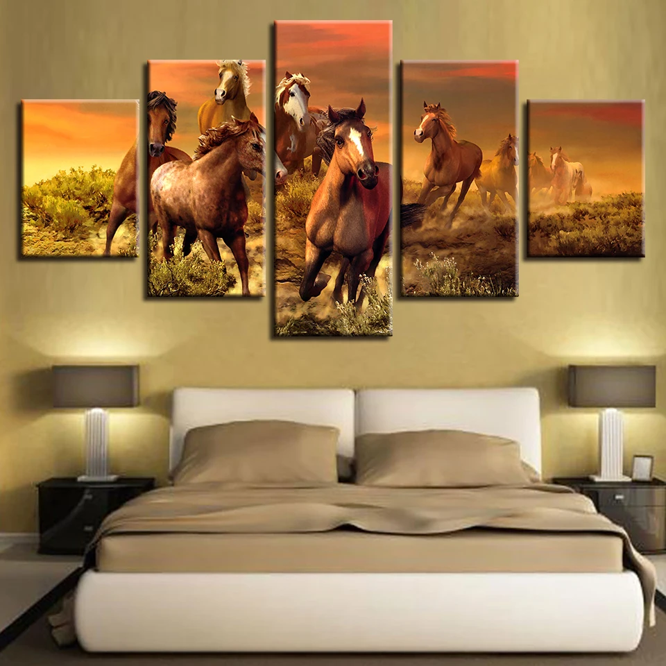 Domáce Dekorácie Plagáty fotografie Na Plátno na Stenu Umenie Modulárny Panel 5 Zvierat Kôň Obývacia Izba HD Moderné Vytlačené Maľovanie Rám