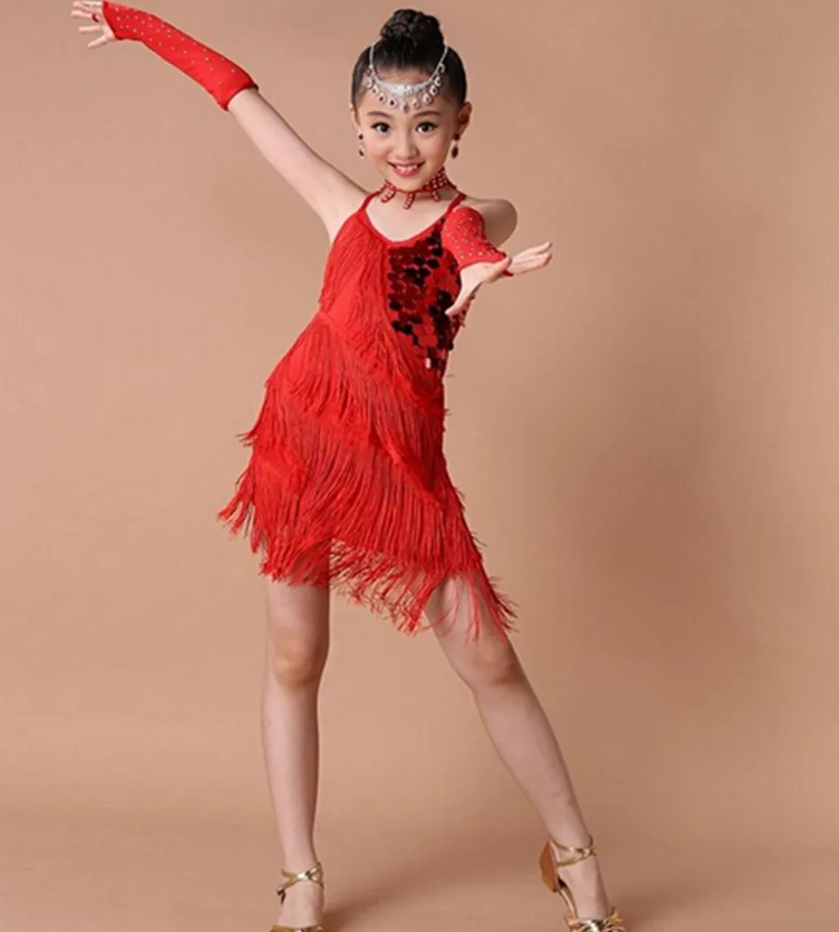 Doprava zadarmo 100-160 cm rumba latinské tanečné šaty tango samba strapce červená, ružová, zelená súťaže odborných dievča dieťa kostým