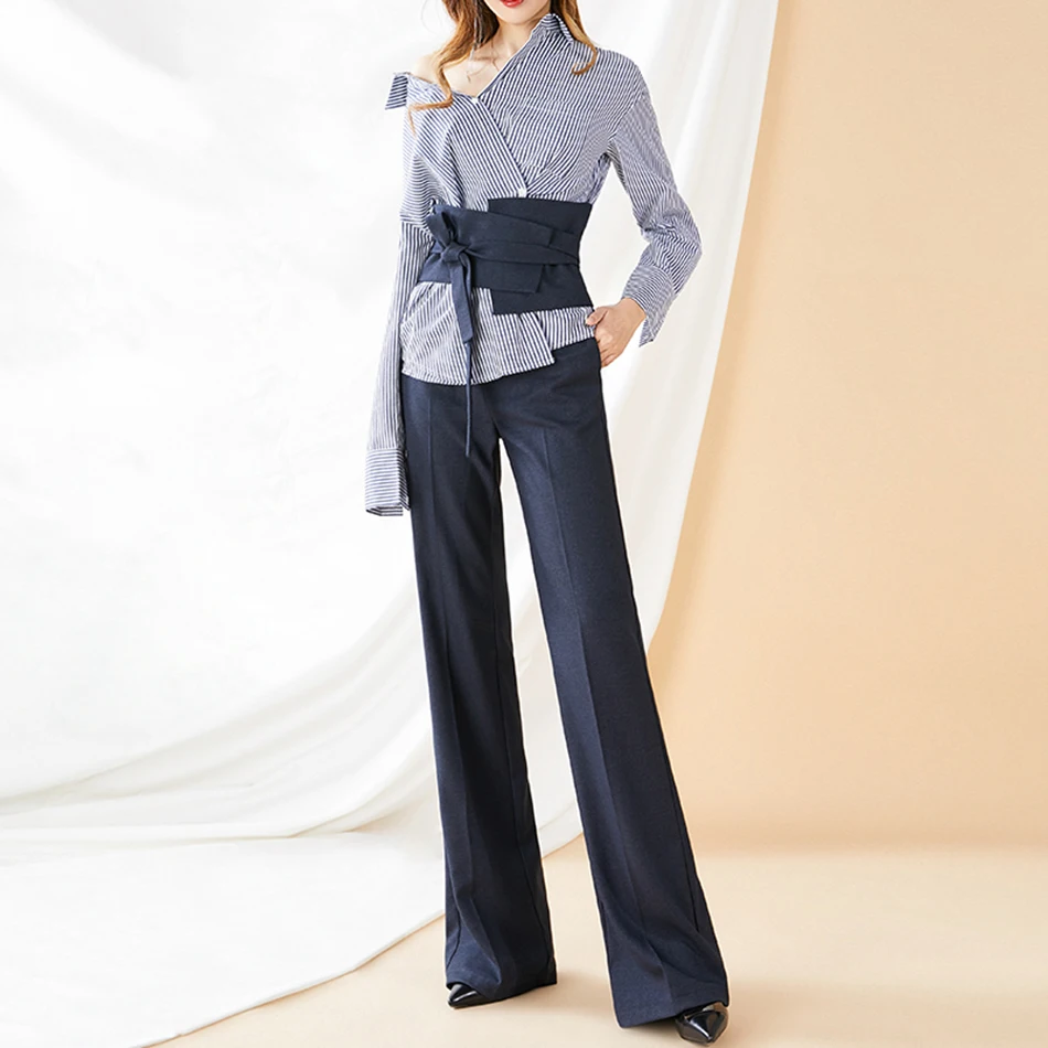 Doprava zadarmo 2020 Jeseň Zima Fashion Professional Žien Vysoký Pás Rovné Nohavice, Slim Elegantné Čierne Blue Belt Oblek Nohavice