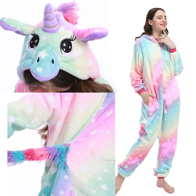 Dospelých Zvierat Jednorožec Pyžamo Cartoon Steh Panda Kigurumi Ženy Muži Kostým Zimné Unisex Flanelové Trakmi Unicornio Sleepwear