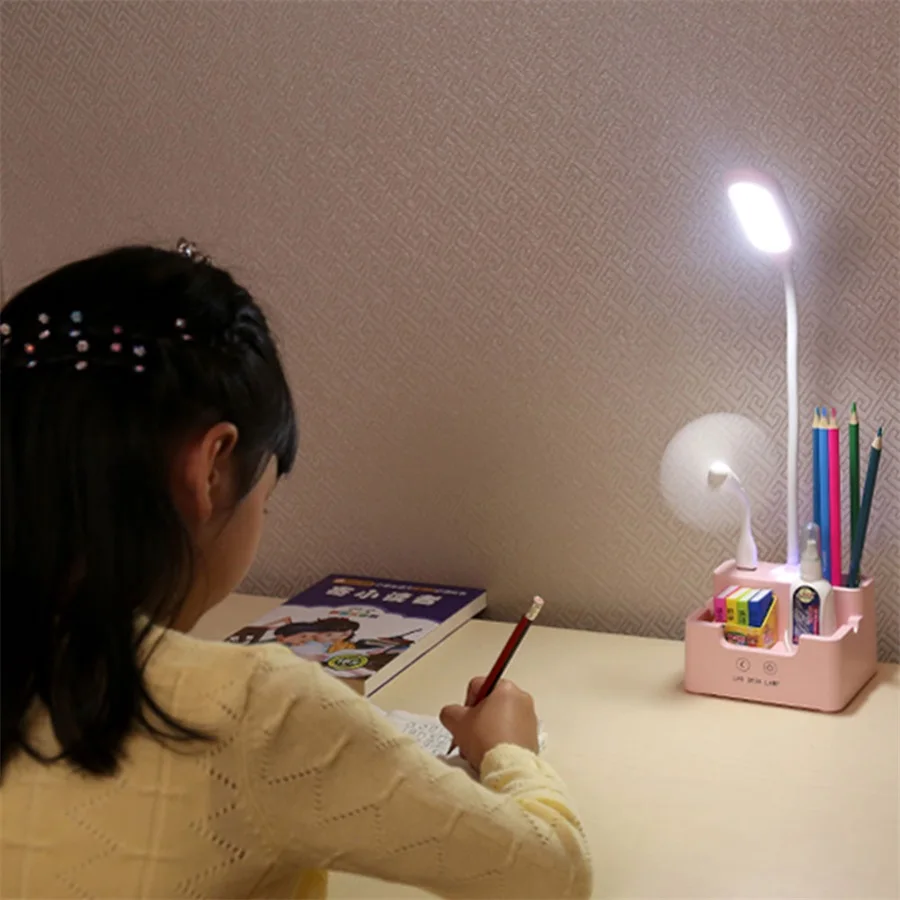 Dotyk Stmievateľné Led Stolná Lampa Tabuľka Svetlo S Ventilátorom Telefón Držiak na Pero USB Nabíjateľné Pre Deti Deti Čítanie Štúdia Nočná Lampa