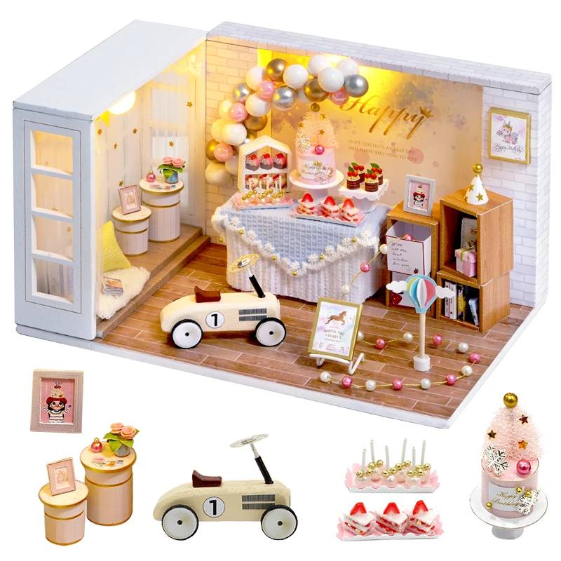 Drevená Bábika Dom Miniatúrny domček pre bábiky DIY Bábika Dom S Nábytkom Kit LED Hračky pre Deti Vianočný Darček Tábor Party QT010