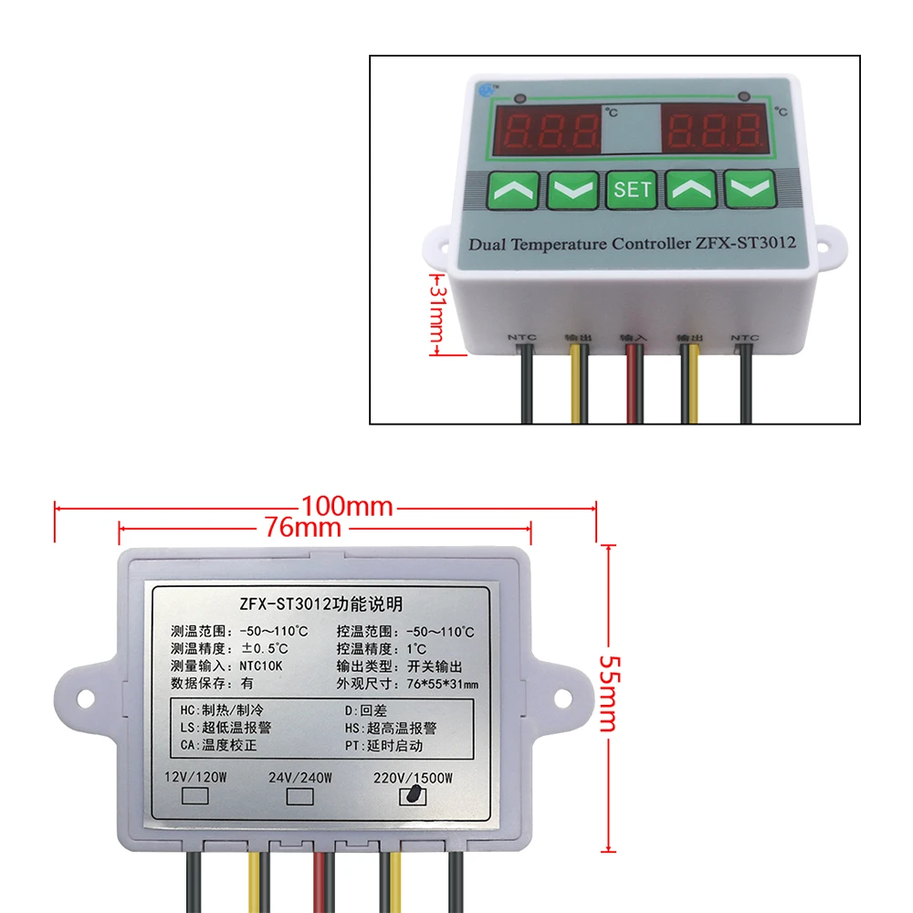 Dual Termostat pre Inkubátor Regulátor Teploty 110V 220V alebo 12V regulácia Teploty Prepínanie Dvoch Relé Výstup s Dual Sensor