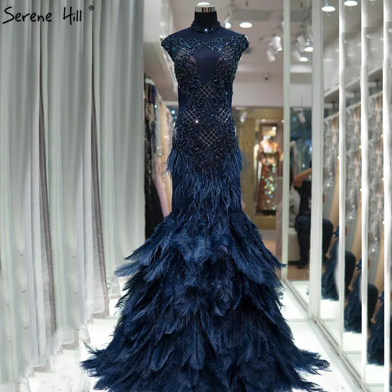 Dubaj Luxusné Blue Diamond Lištovanie Večerné Šaty 2020 Perie Morská víla bez Rukávov Sexy Večerné Šaty Real Foto LA60734